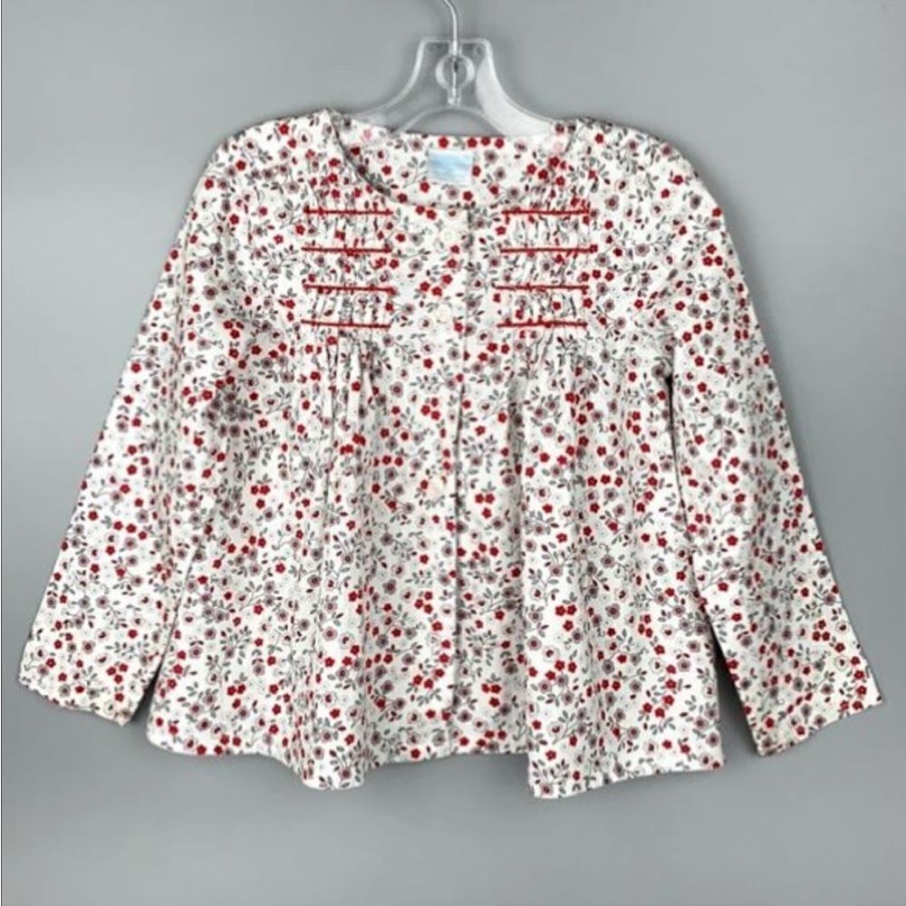 EdgeHill Collection Girl's Floral Blouse Top Red White Smocked Front Cotton 3T